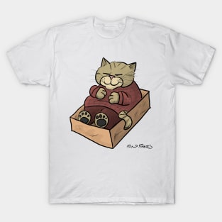 Cat Wearing Red Pajamas Napping in Box T-Shirt